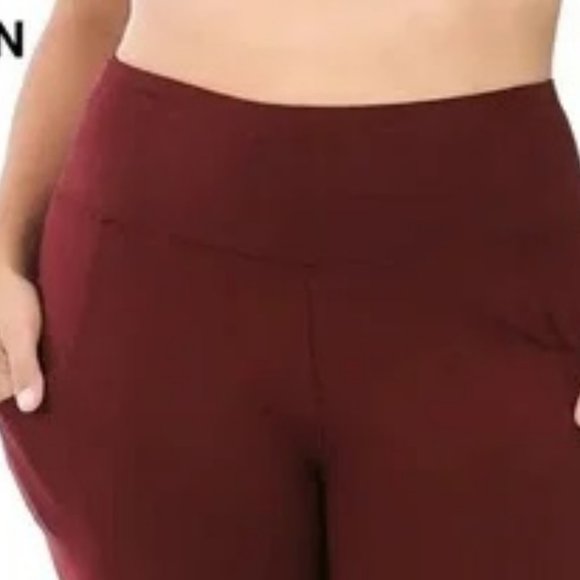W/Pockets DARK-BURGUNDY Plus Size Premium Cotton Waistband Leggings - Picture 3 of 5